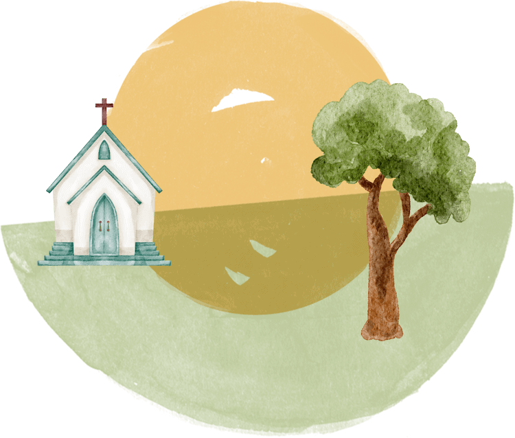 Eine Kapelle und ein Baum auf einer Wiese